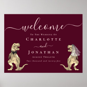 Dinosaur Burgundy Blush Pink Wedding Welcome Poster