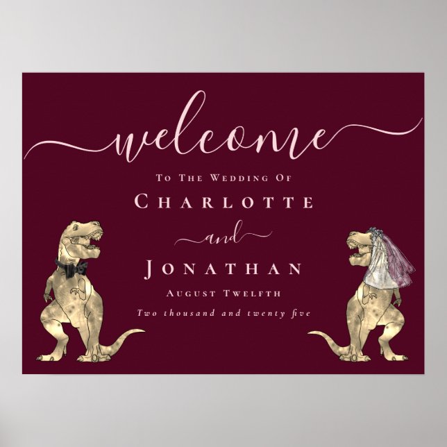 Dinosaur Burgundy Blush Pink Wedding Welcome Poster (Front)