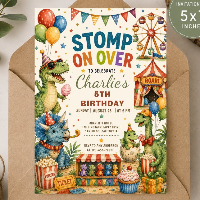 Dinosaur Carnival popcorn Birthday Invitation (Creator Uploaded)