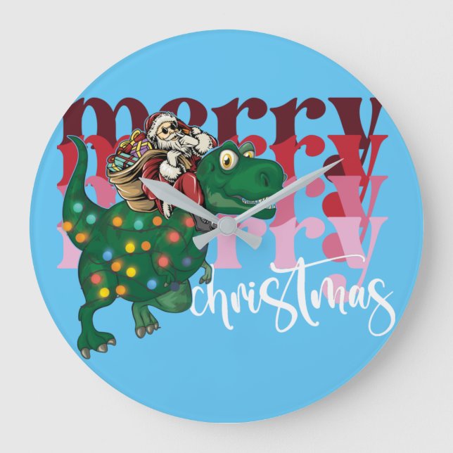 Dinosaur carrying Santa Claus Christmas Large Clock (Front)