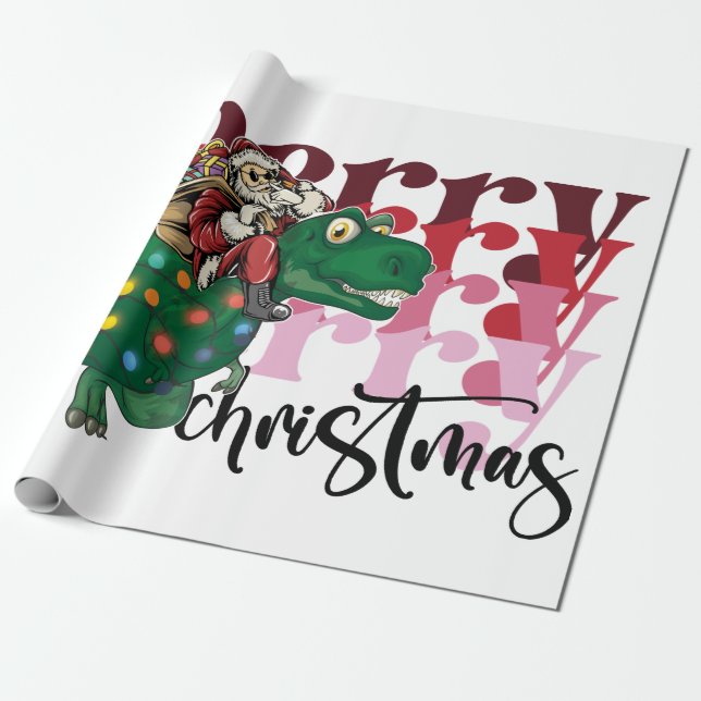 Dinosaur carrying Santa Claus Christmas Wrapping Paper (Unrolled)
