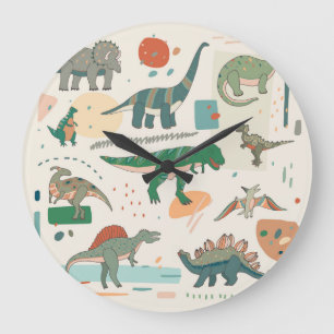 Dinosaur cartoon: vintage illustration set. large clock