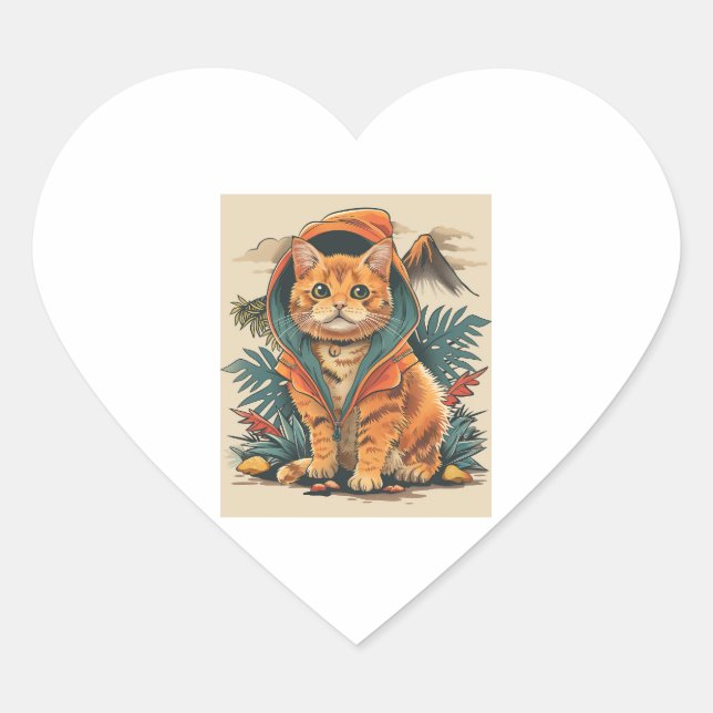 Dinosaur Cat Explorer Heart Sticker (Front)