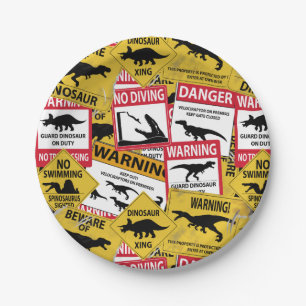 Dinosaur Caution Signs Paper Plate