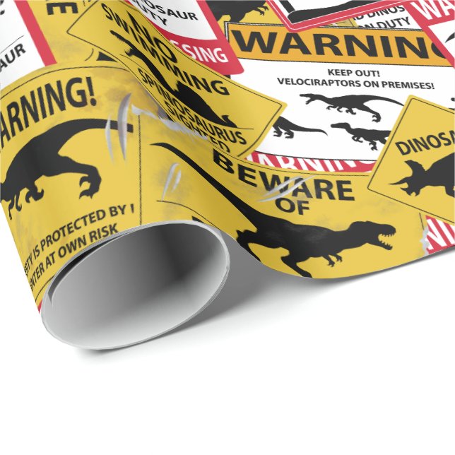Dinosaur Caution Signs Wrapping Paper (Roll Corner)