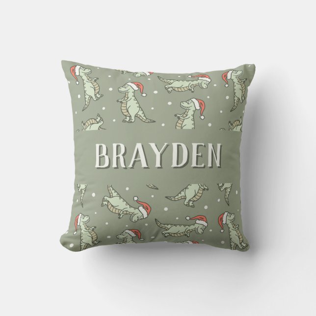 Dinosaur Christmas Boy Name Santa Tyrannosaurus Cushion (Front)