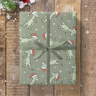 Dinosaur Christmas Boy Santa Claus Dino T-Rex Sage Wrapping Paper