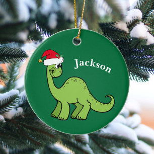 Dinosaur Christmas Cute Custom Kids Green Ceramic Tree Decoration