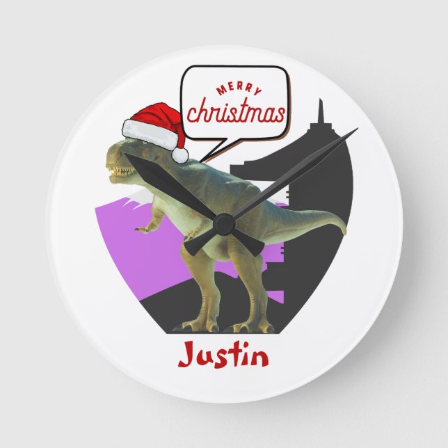 dinosaur christmas gift, personalised name round clock (Front)