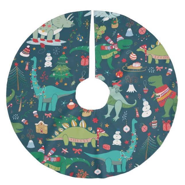 Dinosaur Christmas: Happy New Year Brushed Polyester Tree Skirt (Front)