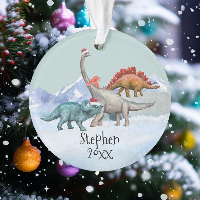 Dinosaur Christmas Jurassic Watercolor Name  Ornament (Creator Uploaded)