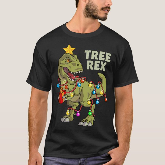 Dinosaur Christmas Lights Tree Rex T-Shirt (Front)