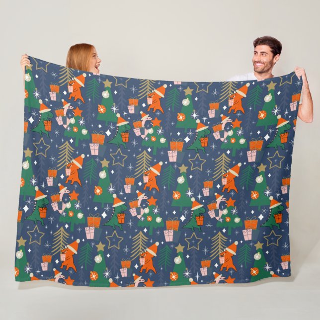 Dinosaur Christmas Party Blue Fleece Blanket (In Situ)