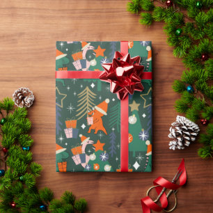 Dinosaur Christmas Party Green Wrapping Paper