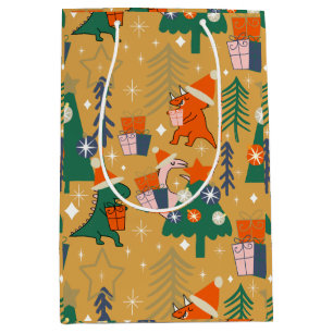 Dinosaur Christmas Party Yellow  Medium Gift Bag