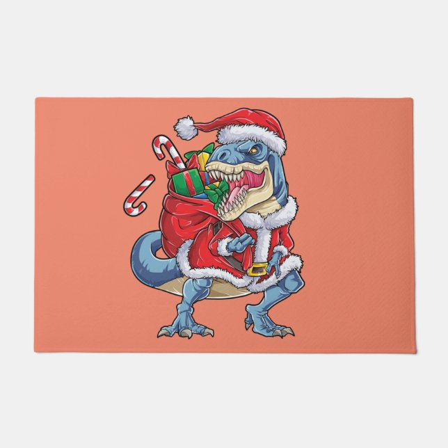 Dinosaur Christmas Santa Claus T rex Boys Men Doormat (Front)