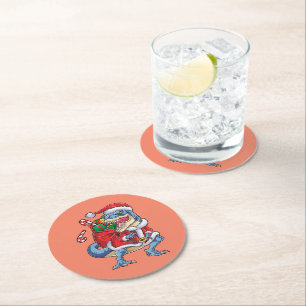 Dinosaur Christmas Santa Claus T rex Boys Men Round Paper Coaster
