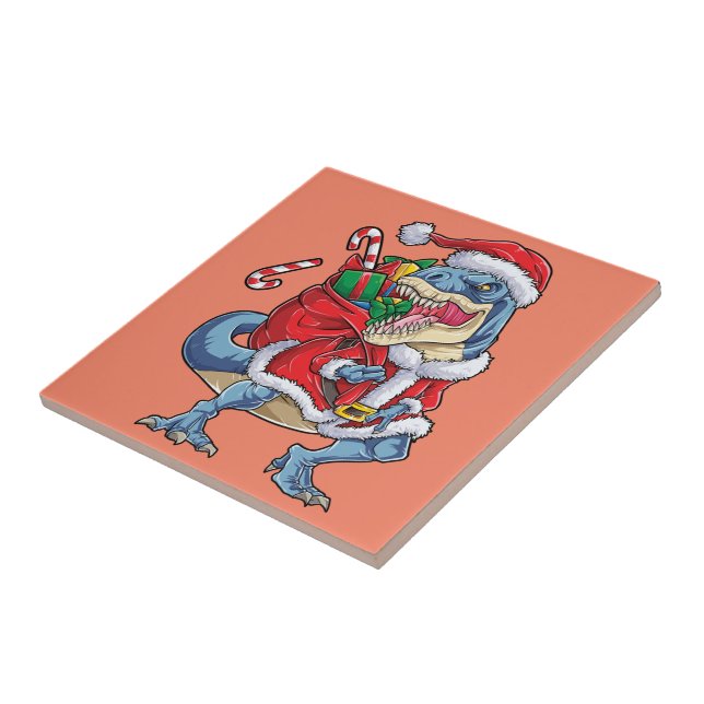 Dinosaur Christmas Santa Claus T rex Boys Men Tile (Side)