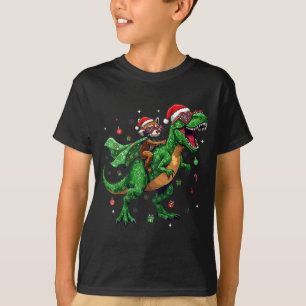 Dinosaur Christmas T Rex Raccoon Santa Holiday T-Shirt
