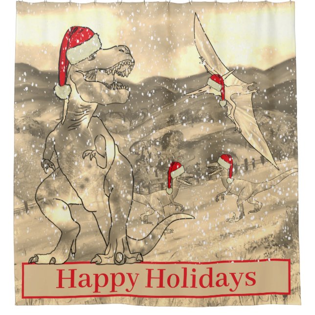 Dinosaur Christmas T Rex Santa Funny Snow Scene Shower Curtain (Front)