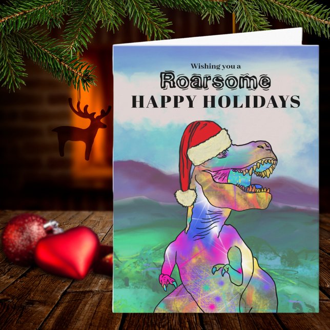 Dinosaur Christmas T Rex Santa Personalised Card (Christmas Dinosaur T-Rex wearing a Santa hat holiday greetings card)