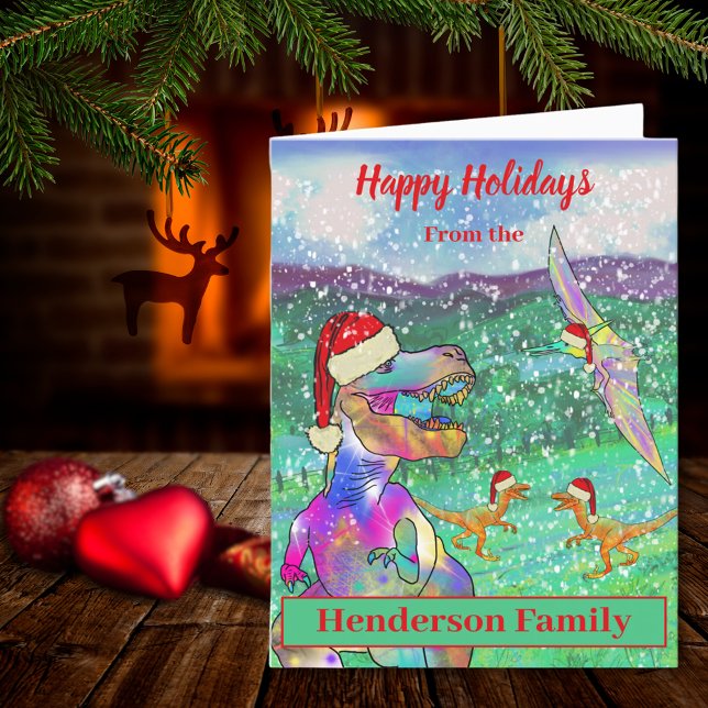 Dinosaur Christmas T Rex Santa Personalised Holiday Card (Christmas dinosaur wearing Santa hat custom holiday greetings card T-Rex velociraptor pterodactyl )