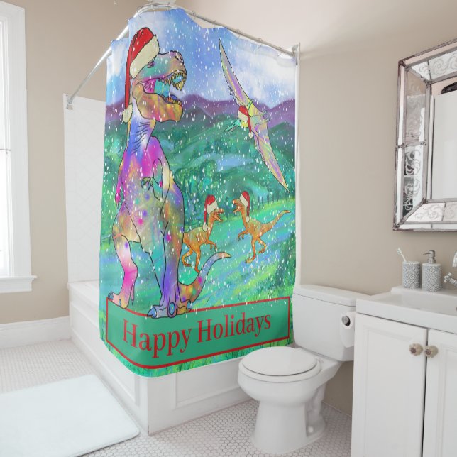 Dinosaur Christmas T Rex Santa Snow Scene Funny Shower Curtain (In Situ)