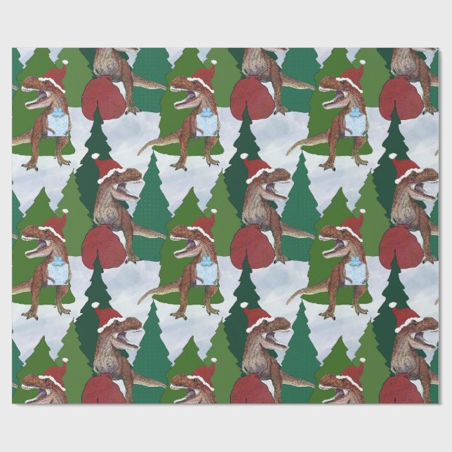 Dinosaur Christmas T-Rex Santa Wrapping Paper (Flat)