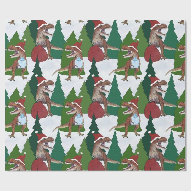 Dinosaur Christmas T-Rex Santa Wrapping Paper (Flat)