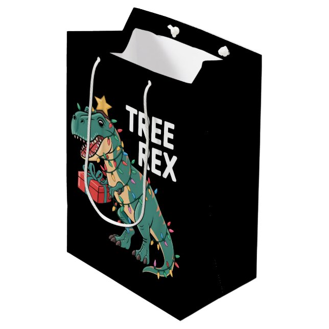 Dinosaur Christmas Tree Rex Pyjamas Xmas Lights  Medium Gift Bag (Front Angled)