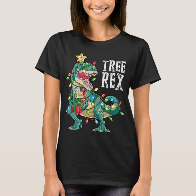 Dinosaur Christmas Tree Rex Pyjamas Xmas Lights T-Shirt (Front)
