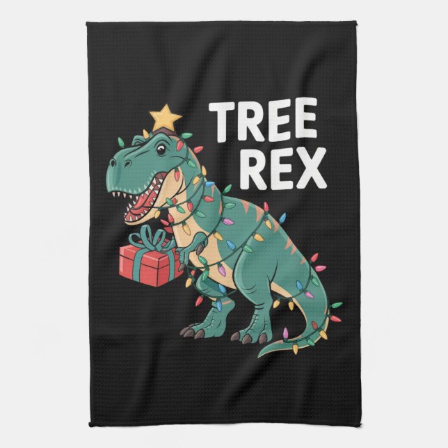Dinosaur Christmas Tree Rex Pyjamas Xmas Lights  Tea Towel (Vertical)