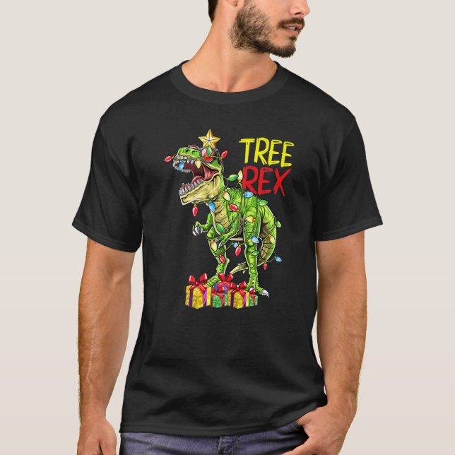 Dinosaur Christmas Tree Rex Xmas Lights Pyjamas Me T-Shirt (Front)