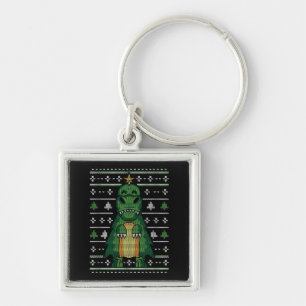Dinosaur Christmas Tree Ugly Sweater Key Ring