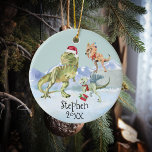 Dinosaur Christmas Tyrannosaur Raptor  Ceramic Tree Decoration<br><div class="desc">This design may be personalised in the area provided by changing the photo and/or text. Or it can be customised by clicking Personalise this Template and then choosing the click to customise further option and delete or change the colour of the background, add text, change the text colour or style,...</div>