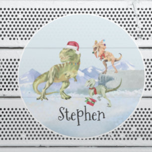 Dinosaur Christmas Tyrannosaur Raptor Name Classic Round Sticker