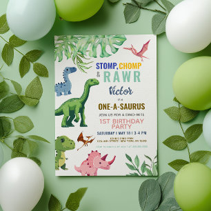 Dinosaur Colorful Cute 1st Birthday Invitation