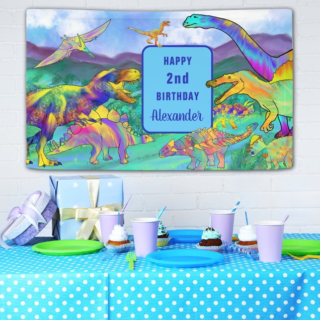 Dinosaur colourful 2nd birthday Personalised Banner (Colorful dinosaur 2nd birthday party banner T-Rex brontosaurus stegosaurus pterodactyl velociraptor )