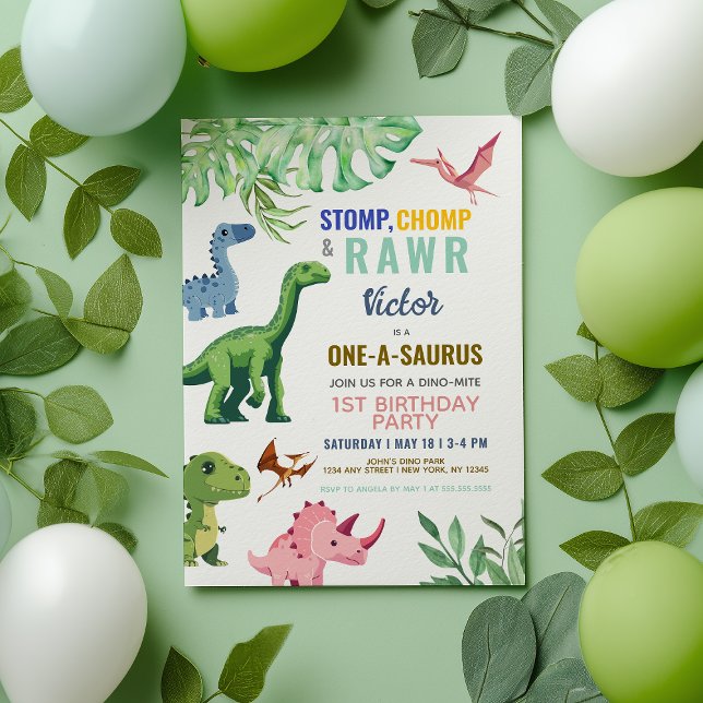 Dinosaur Colourful Cute 1st Birthday Invitation (Creator Uploaded)