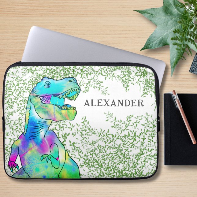 Dinosaur Colourful T-Rex add Name Laptop Sleeve (Colorful T-Rex Dinosaur with jungle foliage custom name laptop sleeve)
