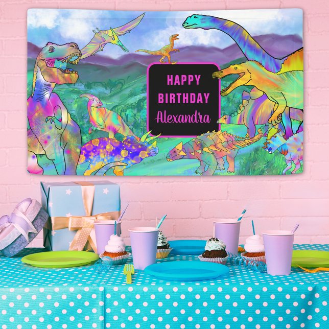 Dinosaur colourful watercolor Girls birthday Banner (girls dinosaur add name birthday party banner colorful T-Rex stegosaurus brontosaurus pterodactyl)