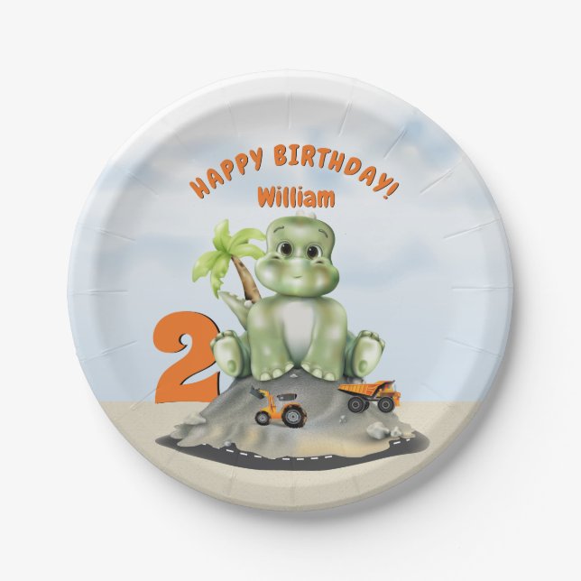 Dinosaur Construction Boy Birthday Paper Plate (Front)