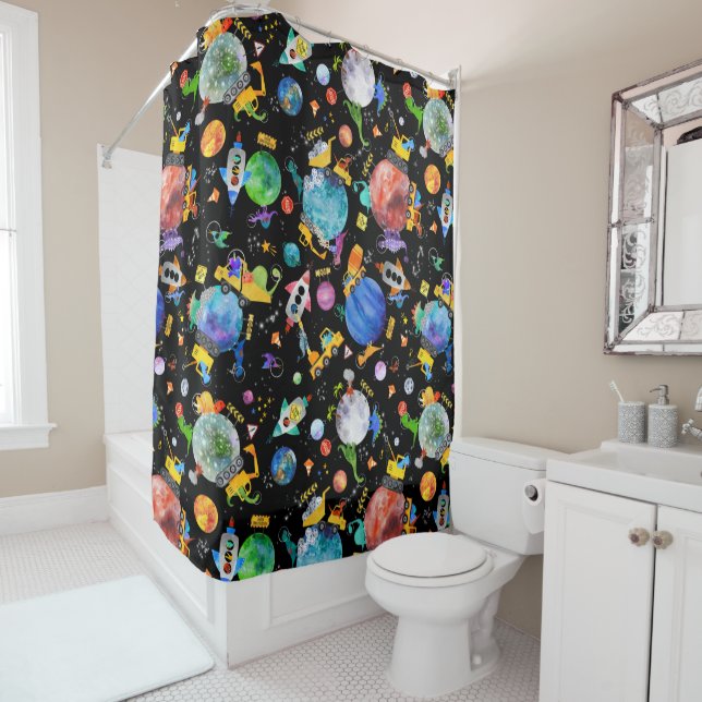 Dinosaur Construction Crew Outer Space Astronauts Shower Curtain (In Situ)