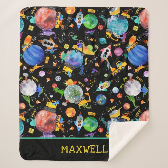 Dinosaur Construction Crew Space Kids Personalised Sherpa Blanket (Front)