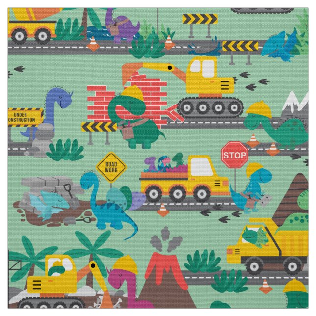 Dinosaur Construction Kids Cute Pattern Fabric (Swatch)