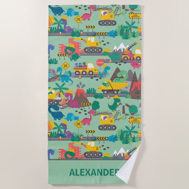Dinosaur Construction Kids Personalised Beach Towel (Front)