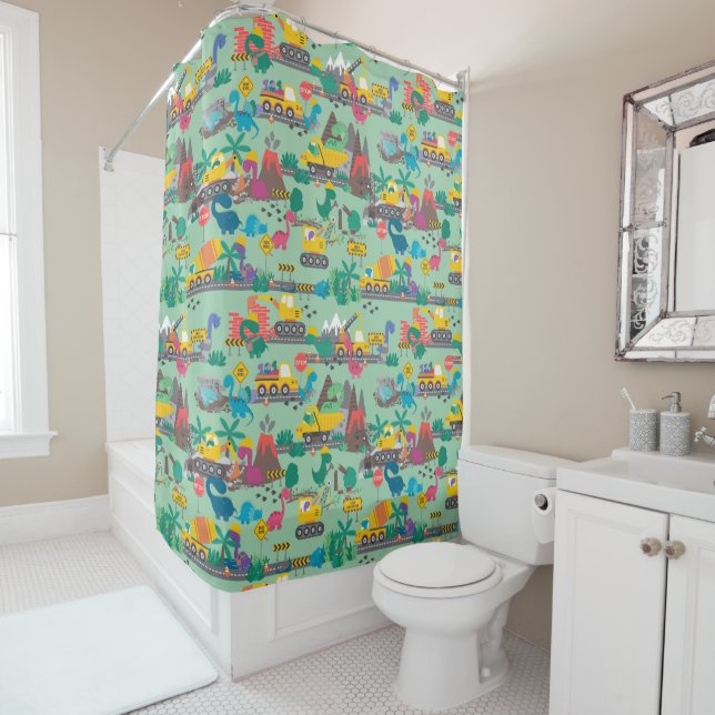 Dinosaur Construction Kids Shower Curtain (In Situ)