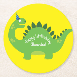 Dinosaur Cute Kid's Cartoon Birthday Party Boy Round Paper Coaster
