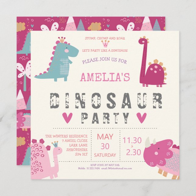 Dinosaur cute modern pink Birthday Party Invitation (Front/Back)