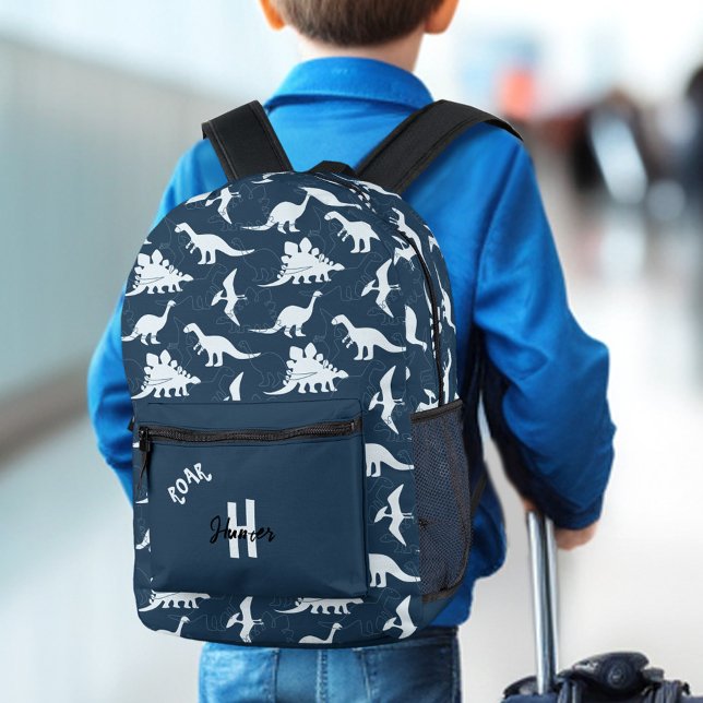 Dinosaur Dark Blue Custom Name Monogram Boy Printed Backpack (Dinosaur Dark Blue Custom Name Monogram Boy Printed Backpack)